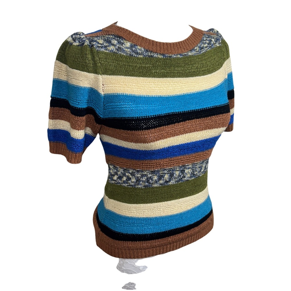 Elizabeth James The Label Striped Knit Puff Sleeve Crewneck Sweater Top Women XS - Picture 4 of 8